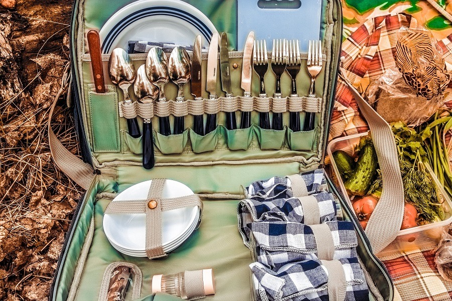 Picnic basket on ground