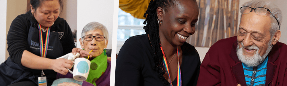 Photo collage of VHA staff wearing rainbow lanyards