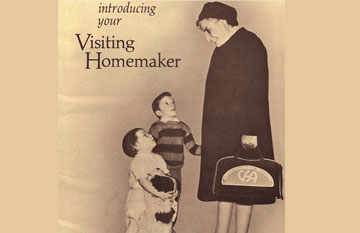 A handout with two children looking up at a woman with the text "introducing your visiting homemaker"