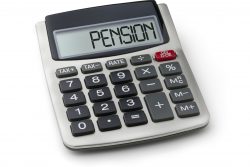 Calculator with the words "PENSION" on the display screen