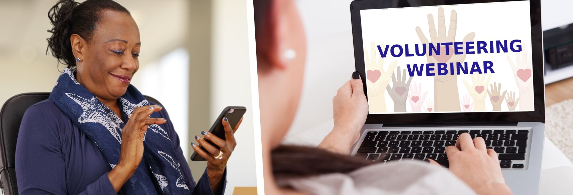 Volunteering Webinar on a laptop screen beside a woman holding a smartphone