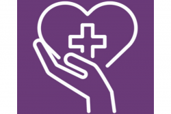 Icon with a hand holding a heart with a medical symbol in the middle