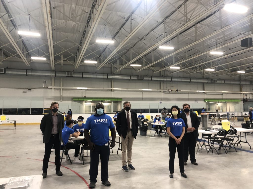 Toronto Mayor John Tory and Councillors Joe Cressy and Michael Ford at the Alion Arena clinic with VHA's Susan Chang and Courtney Bean