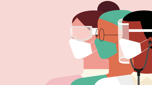 Thank you doctors and nurses banner in flat design illustration. Side faces of multi ethnic medical workers with protective face mask, surgical suit and face shield