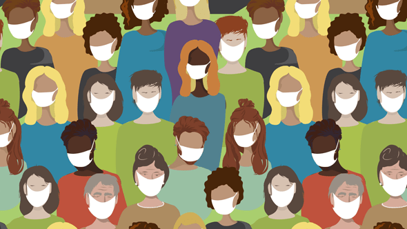 A crowd of different ages of people in medical masks
