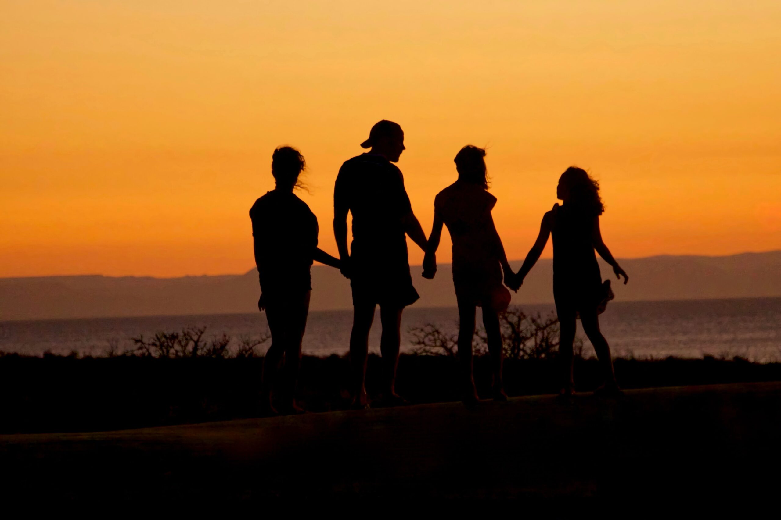 Silhouette of family watching sunset together