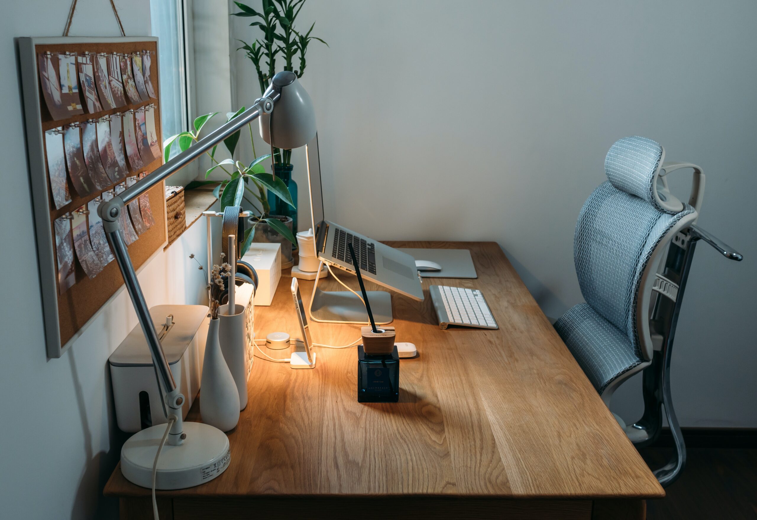 Desk in home with laptop and office chair