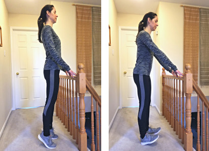 Two photos of a physiotherapist as she stands while holding a stair railing while demonstrating the Heel Raise and Toe Lifts balance exercise