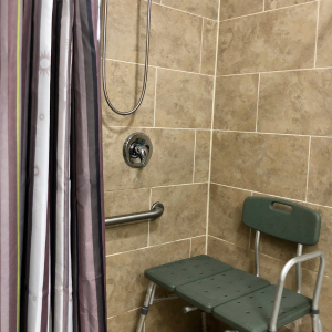 Shower with assistive features like chair and grab bars