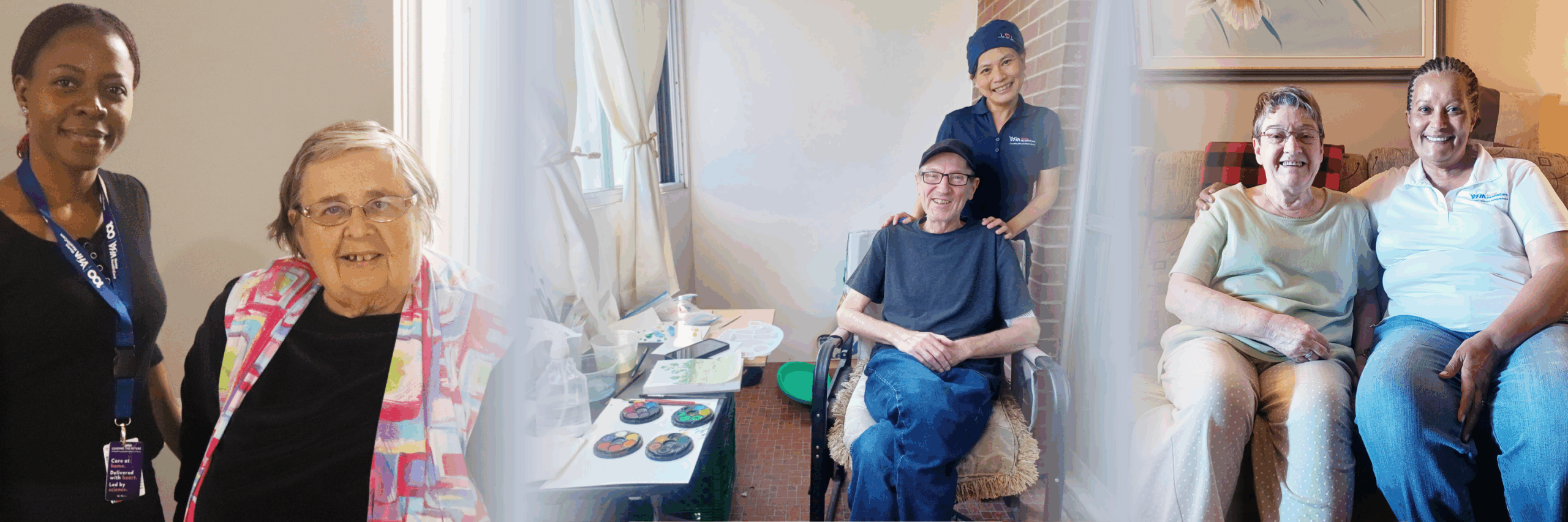 Right: Image of PSW Ester and client Gail. Centre: Image of nurse Emma and client Bruce. Left: image of PSW Senait and client Margaret.