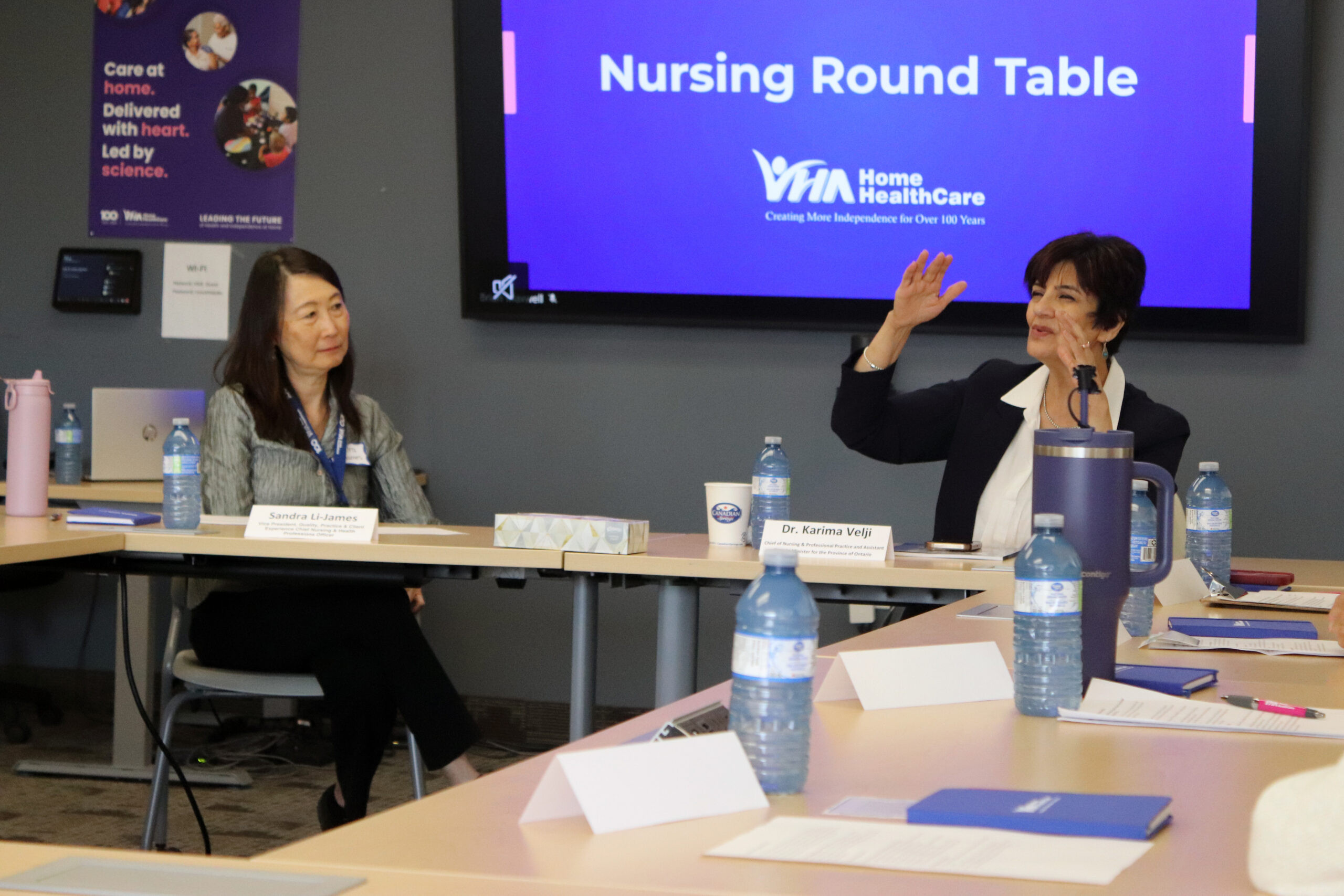 Nursing roundtable with Dr. Karima Velji. Dr. Velji speaking on the right side and Sandra Li-James listening on the left side.